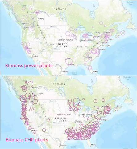 Biomass power plant distribution in America
